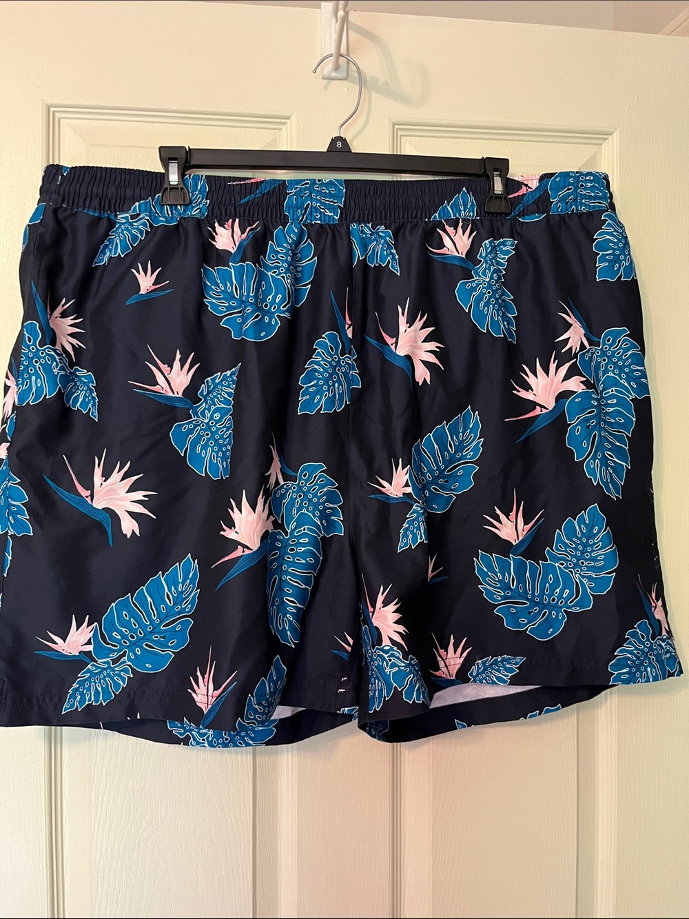 Caribbean Navy Swim Trunks with Blue and Pink Tropical Print
